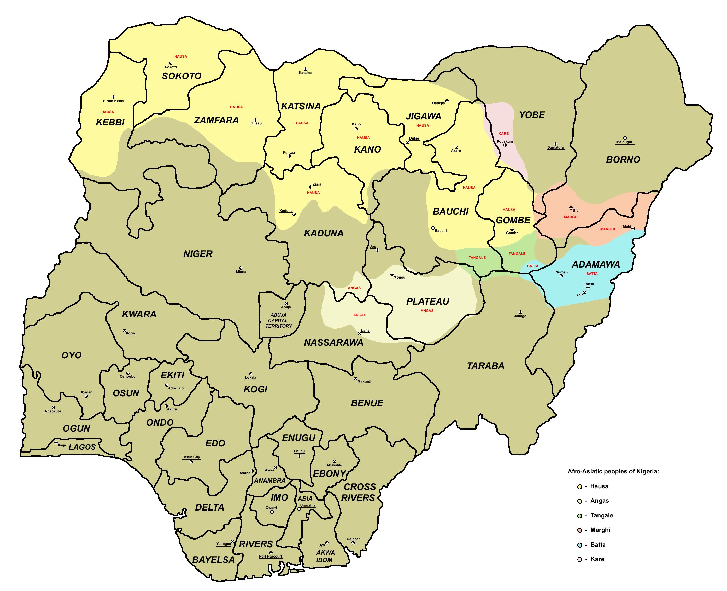 Carte Du Nigeria Avec 36 Etats Et Capitales Carte De L Nigeria Montrant Les 36 Etats Et De Leurs Capitales Afrique De L Ouest Afrique