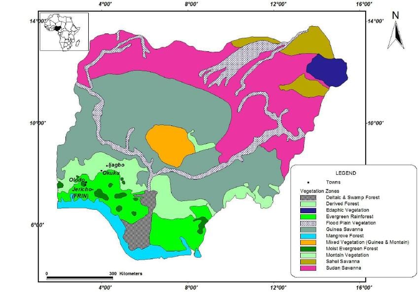 carte du nigeria montrant la végétation