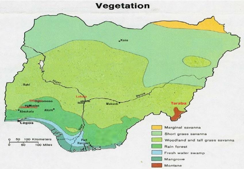 carte du nigeria montrant la végétation