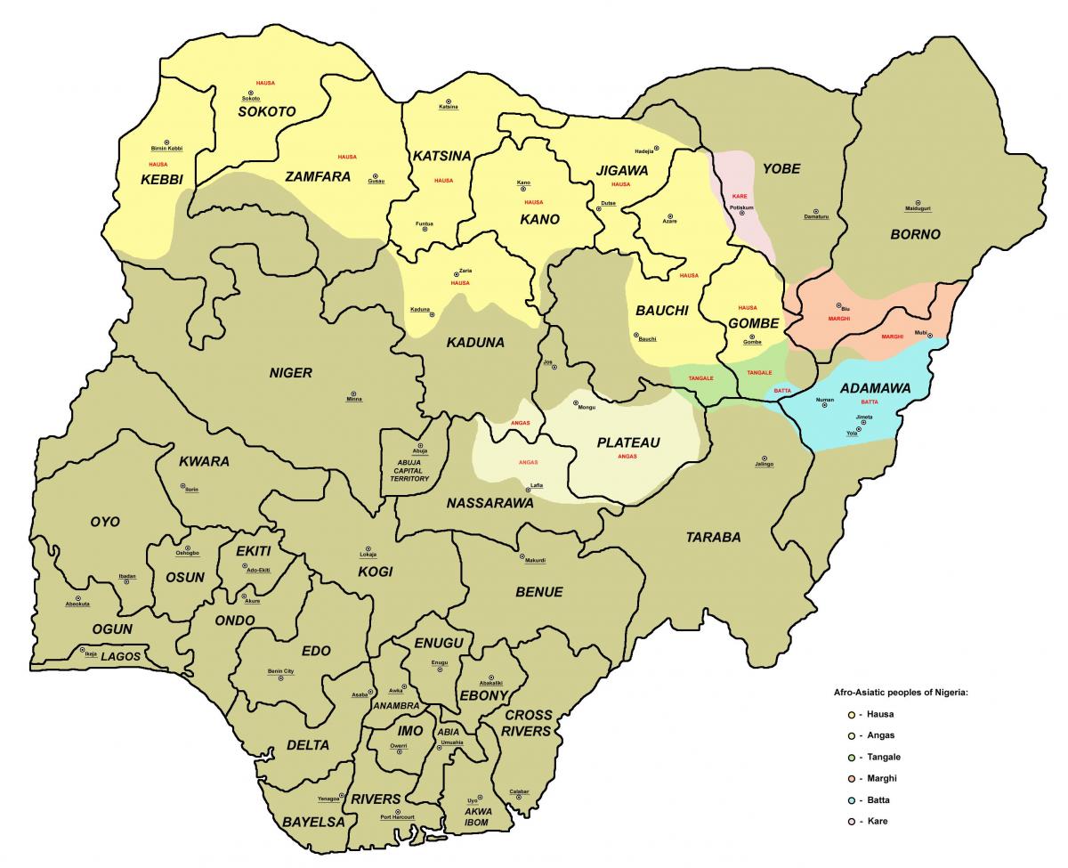 carte du nigeria montrant les 36 états et de leurs capitales