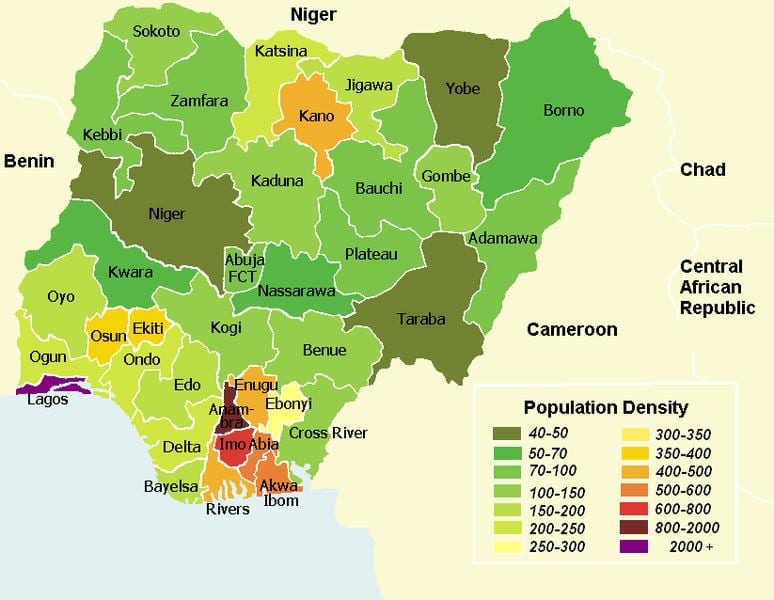 Carte du nigeria montrant la répartition de la population
