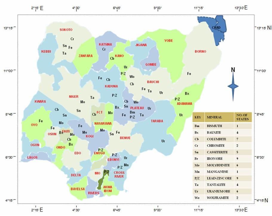 Carte du nigeria montrant les ressources minérales