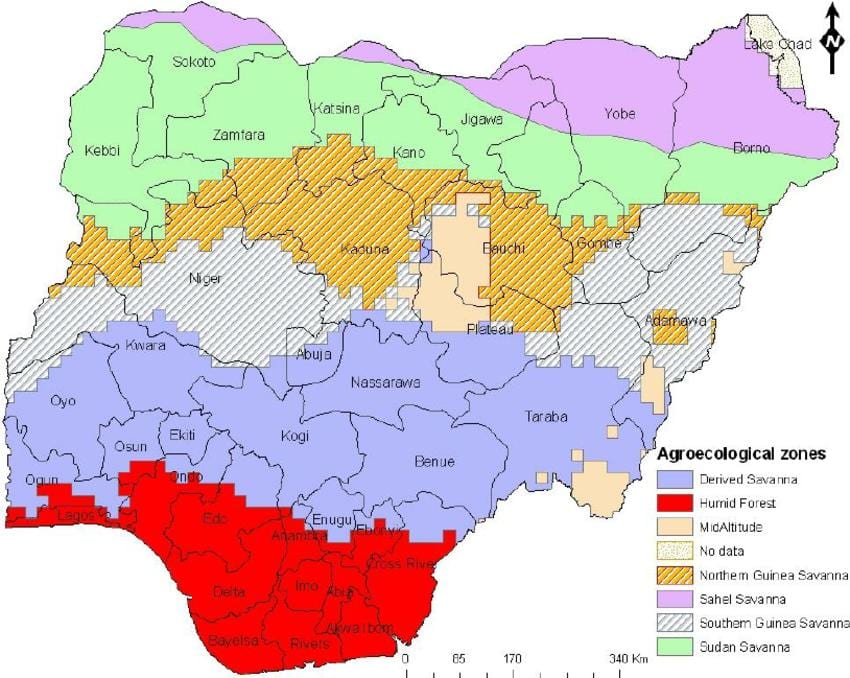 Carte du nigeria montrant les zones écologiques
