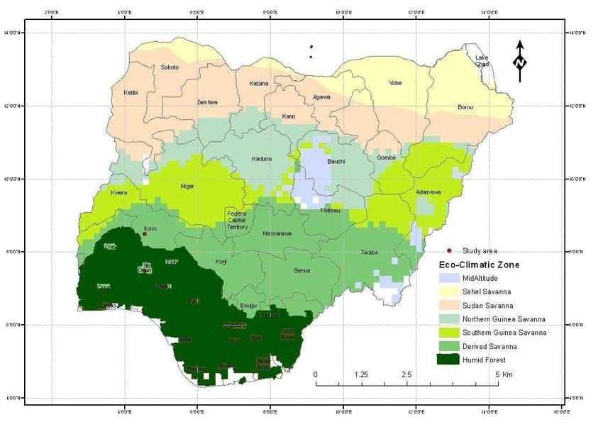 Carte du nigeria montrant la zone climatique