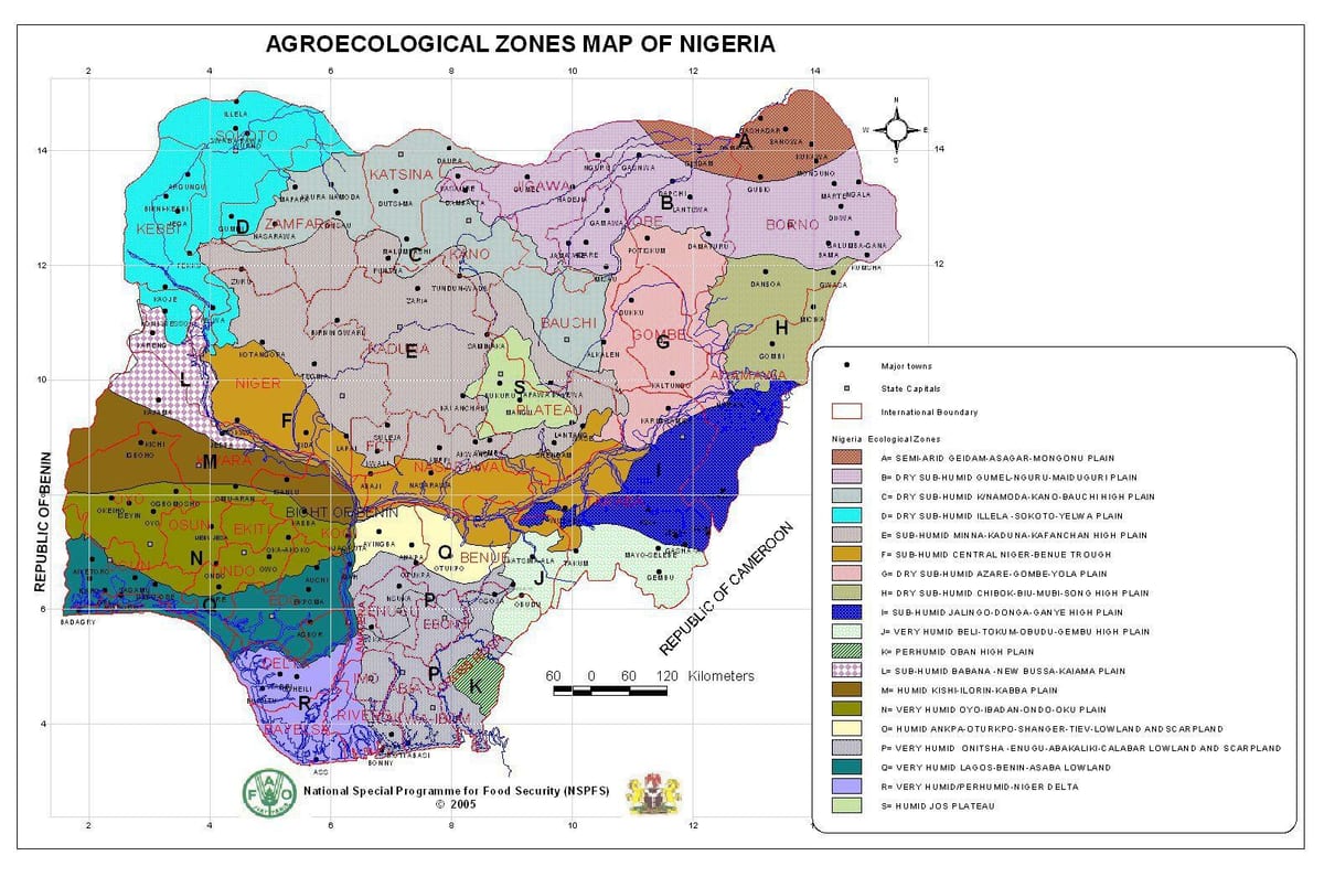 carte du nigeria montrant les différentes zones de végétation