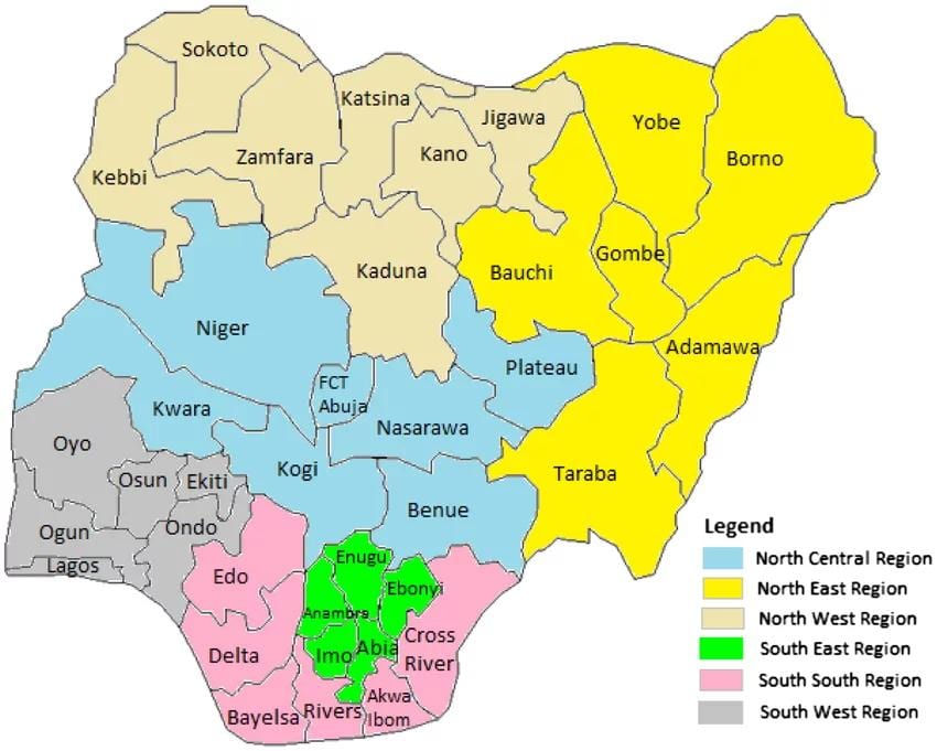 Carte du nigeria montrant les zones géopolitiques