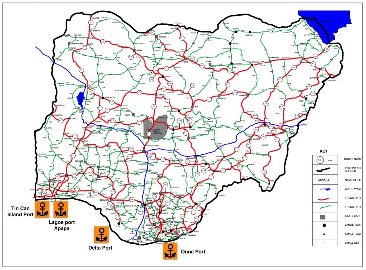 Carte du nigeria montrant réseau routier