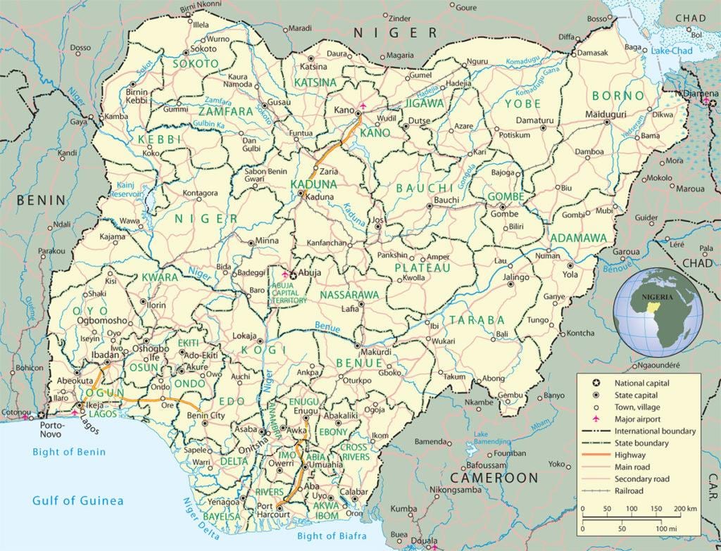 carte du nigeria en montrant aux états et capitales