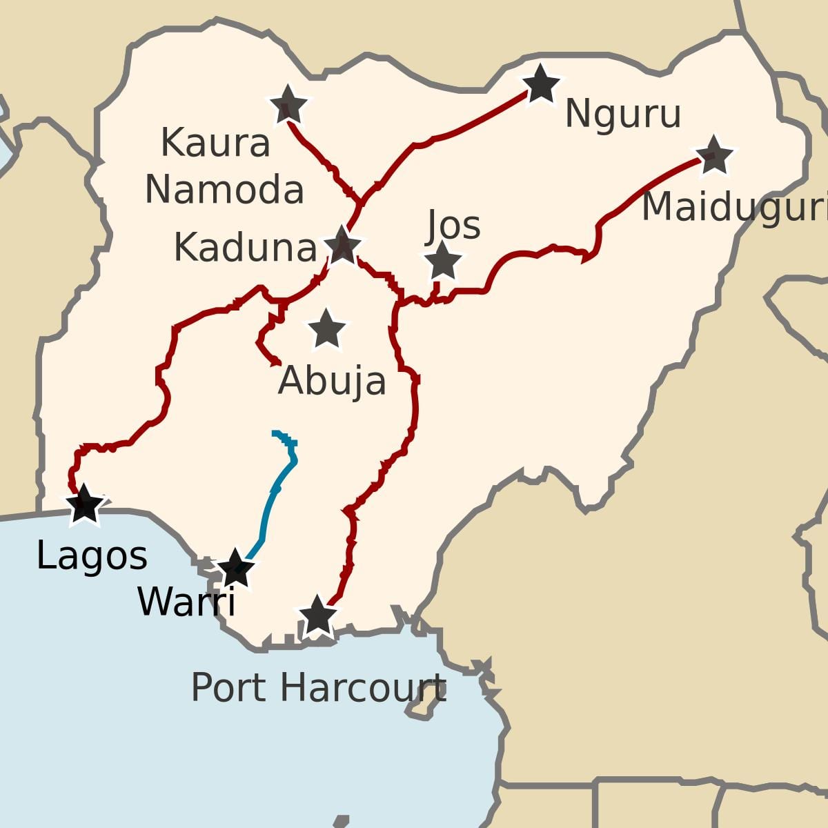 carte du nigeria montrant les lignes de chemin de fer