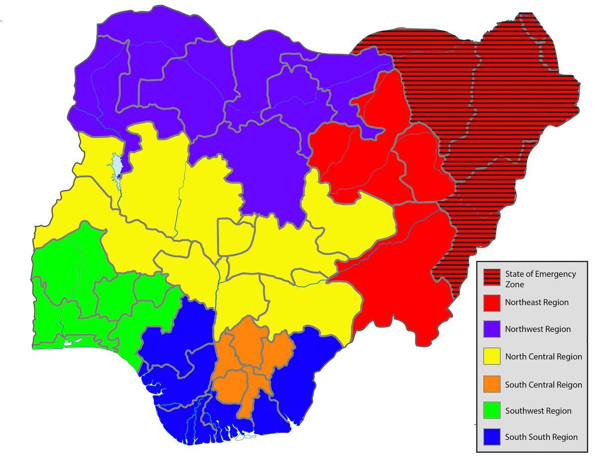 le nigérian carte montrant les états