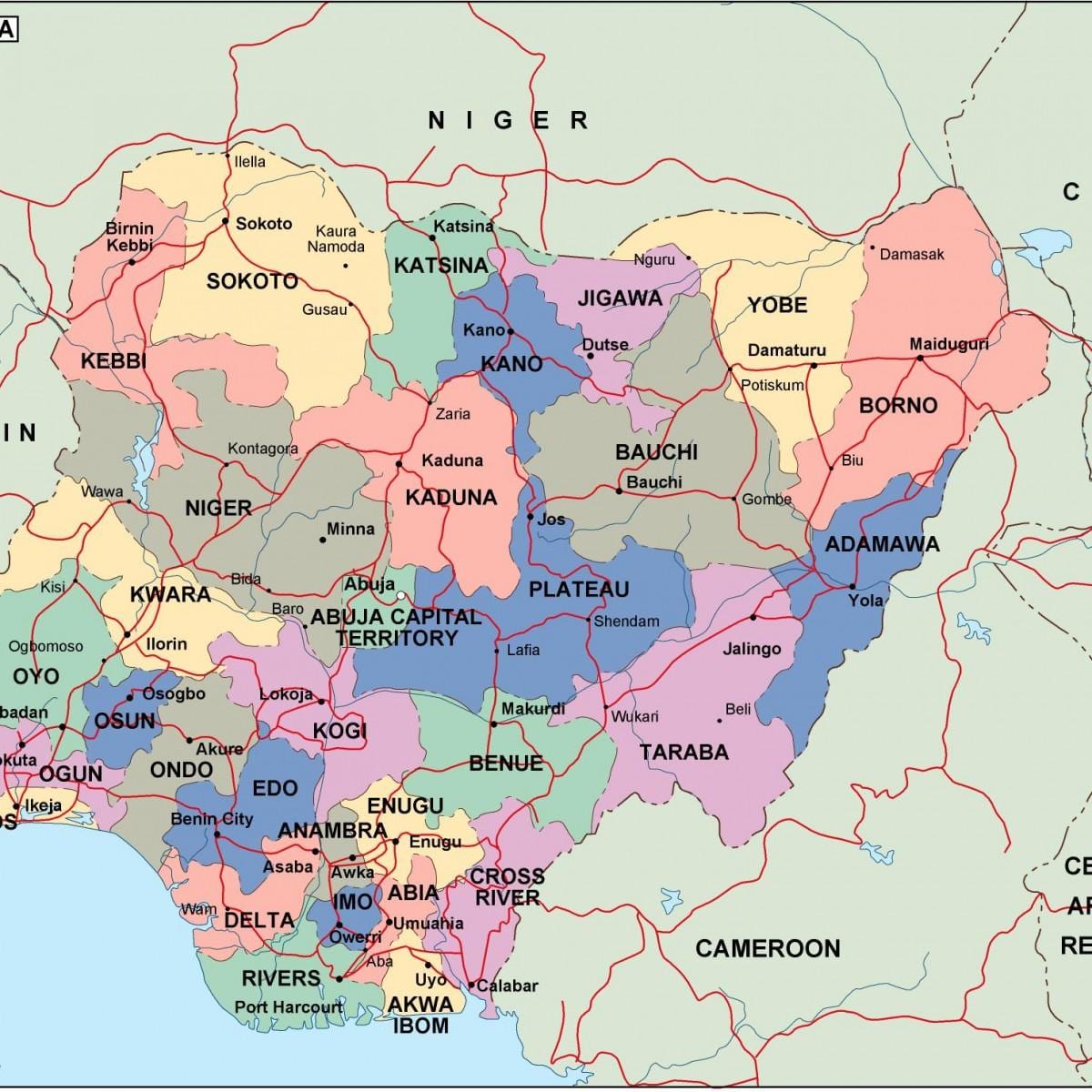 Carte du nigéria avec les états et les villes