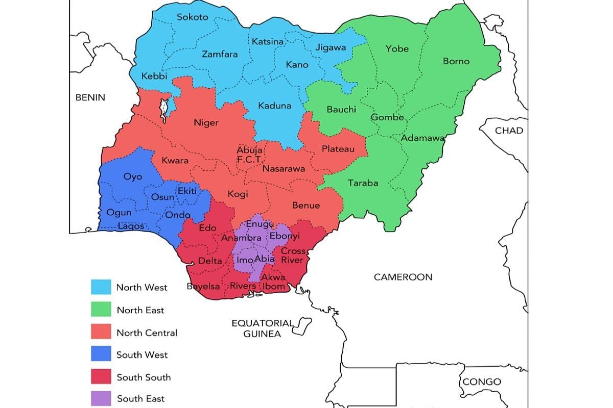 carte du nigeria montrant les zones géopolitiques