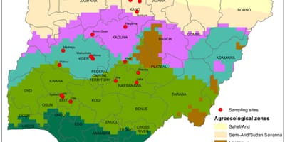 Carte du nigeria montrant des cultures de distribution