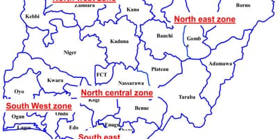 Carte du nigeria montrant les six zones géopolitiques