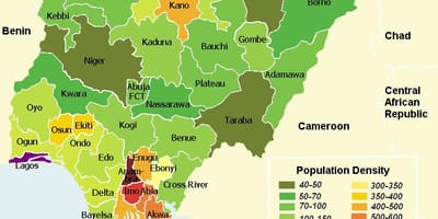 Nigeria, la densité de la population de la carte